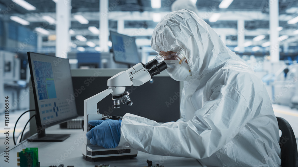 Poster Two Scientists In Sterile Suites At Electronics Factory: Engineer Using Microscope And Desktop Computer To Inspect Microchip While His Colleague Using Soldering Jet Printer To Print Motherboards