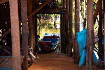 Traditional wooden house in floating village in Cambodia