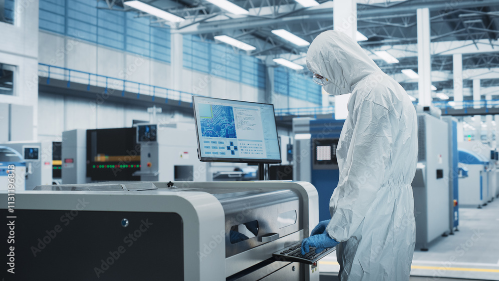 Poster printed circuit board production in electronics factory research center: scientist in sterile suit u