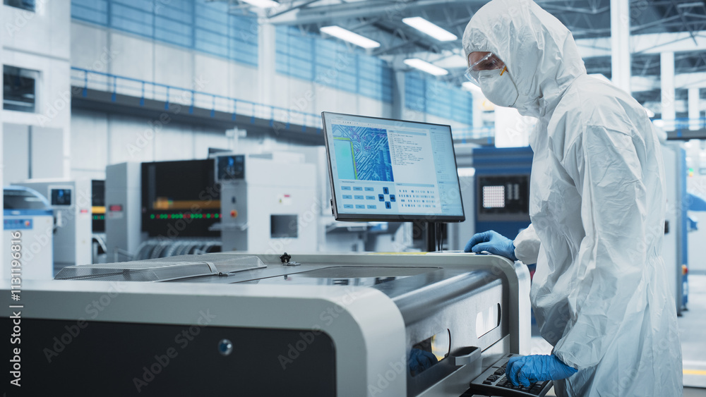Poster Printed Circuit Board Production At Electronics Factory: Scientist In Sterile Suit Using Soldering Jet Printer To Make Motherboards For Powerful CPU. Powerful Computer Hardware Manufacturing Facility.