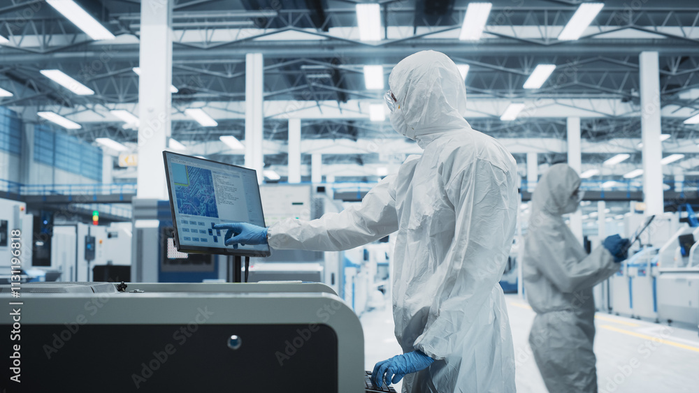 Aufkleber Printed Circuit Board Production In Electronics Factory Research Center: Scientist In Sterile Suit Using Soldering Jet Printer To Make Motherboards For Powerful CPUs. Hardware Manufacturing Facility.