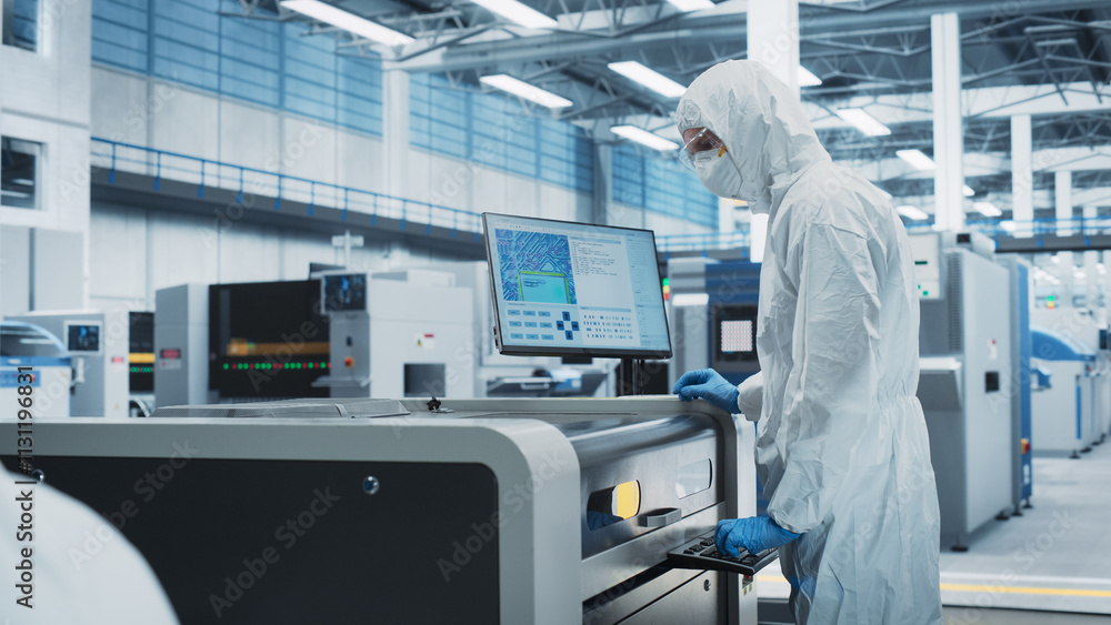 Aufkleber Printed Circuit Board Production At Electronics Factory: Scientist In Sterile Suit Using Soldering Jet Printer To Make Motherboard For Powerful CPUs. Powerful Computer Hardware Manufacturing Facility.