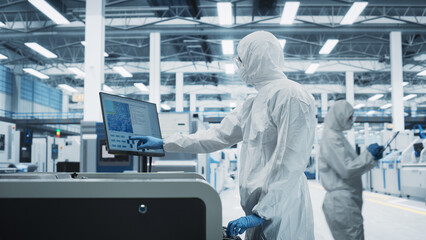 Printed Circuit Board Production In Electronics Factory Research Center: Scientist In Sterile Suit...