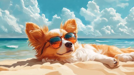 Chill dog lounging on a sunny beach, wearing sunglasses and enjoying the ocean breeze, the perfect vacation vibe.