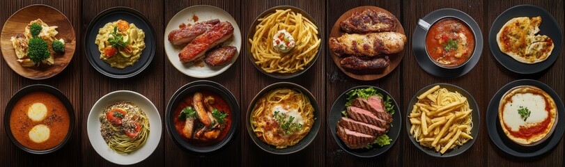 Variety of delicious food dishes including pasta, soup, steak, fries, and pizza.