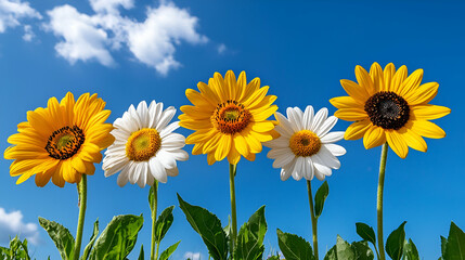 A vibrant row of flowers, including sunflowers and daisies, stands against a bright blue sky with fluffy white clouds.