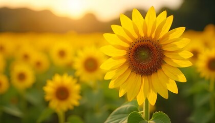Fototapeta premium The image features a vibrant sunflower in full bloom, its bright yellow petals radiating outward from a rich brown center. The sunflower stands tall and proud in the foreground 