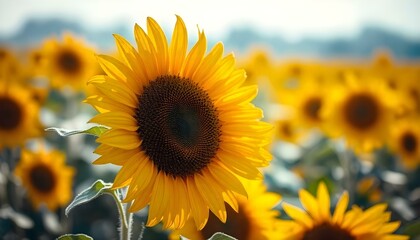 Obraz premium The image features a vibrant sunflower in full bloom, its bright yellow petals radiating outward from a rich brown center. The sunflower stands tall and proud in the foreground 