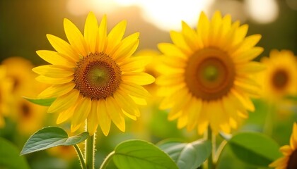 Obraz premium The image features a vibrant sunflower in full bloom, its bright yellow petals radiating outward from a rich brown center. The sunflower stands tall and proud in the foreground 