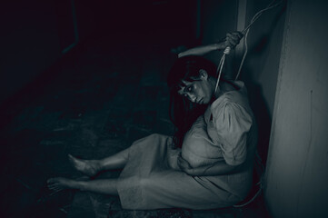 Portrait of asian woman make up pregnant ghost.,Scary horror scene for background,Halloween...