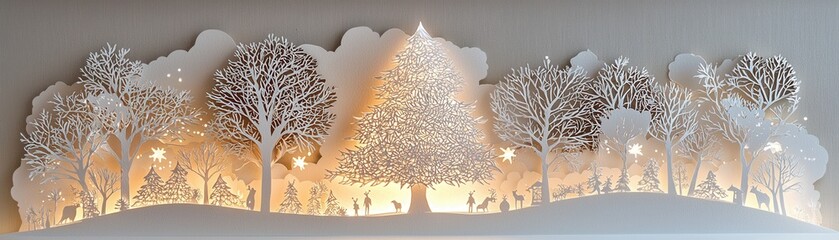 A delicate illuminated winter scene featuring intricately cut trees, soft lighting, and a whimsical snowy landscape.