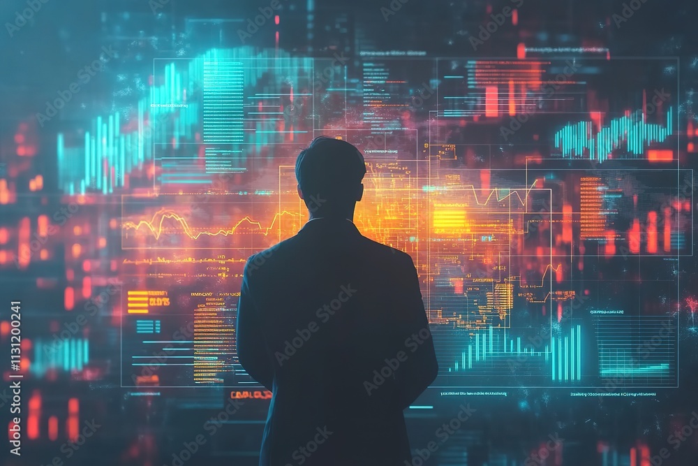 Poster man silhouetted against futuristic data analytics dashboard