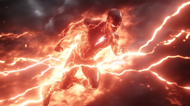 The Flash runs, engulfed in fiery lightning.