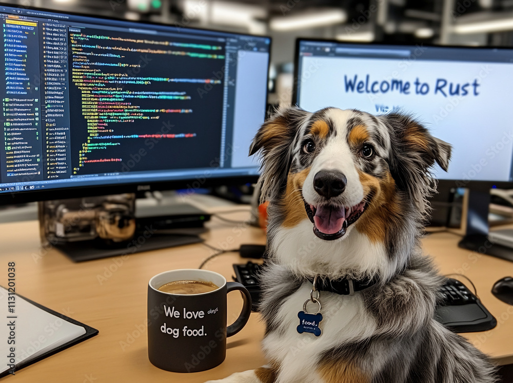 Poster happy dog sits at a desk with coding screens and a coffee mug during a workday in a modern office