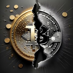 Bitcoin splitting in half, halving concept