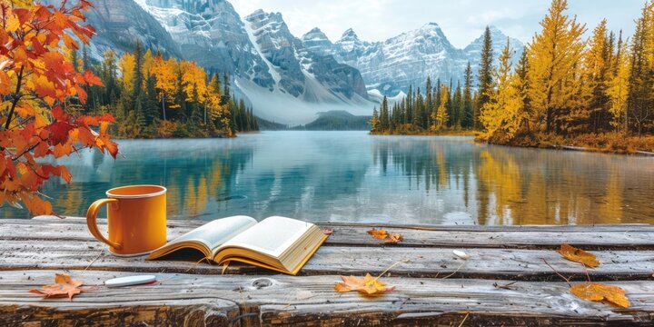 Relaxing with a cup and a book at a serene lakeside in autumn
