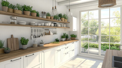 A bright Scandinavian kitchen with open shelving, white cabinets, wooden countertops, and potted herbs, creating a clean and functional cooking space. High details, modern and minimalist design.

