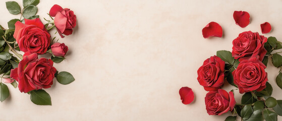 Elegant arrangement of red roses with petals on a soft background