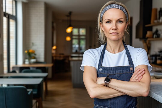  Female Restaurant Owner in a Modern Kitchen Holding a Phone - Powered by Adobe