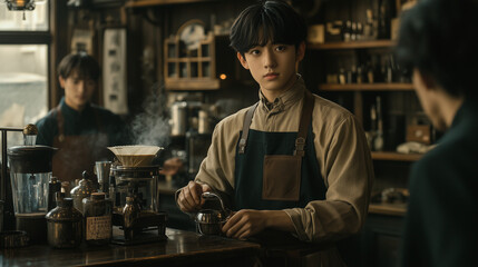 Handsome Boy in a Coffee Shop Brewing Coffee
