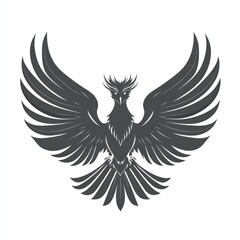 Obraz premium Majestic dark gray phoenix with wings spread wide, isolated on white background.