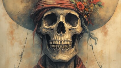 A skull wearing a hat with flowers on it