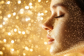 woman's face covered in gold glitter for a Magical New Year and Christmas Celebration with Shimmering Lights and Joyful Atmosphere