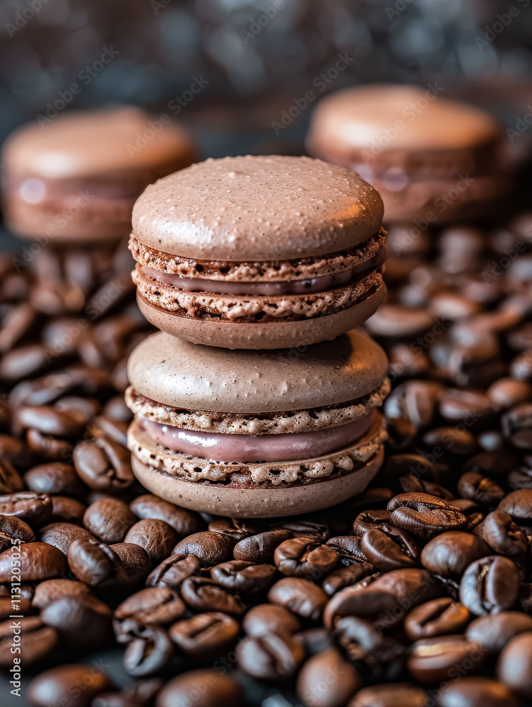 Poster three macarons stacked on top of each other with a pile of coffee beans in the background