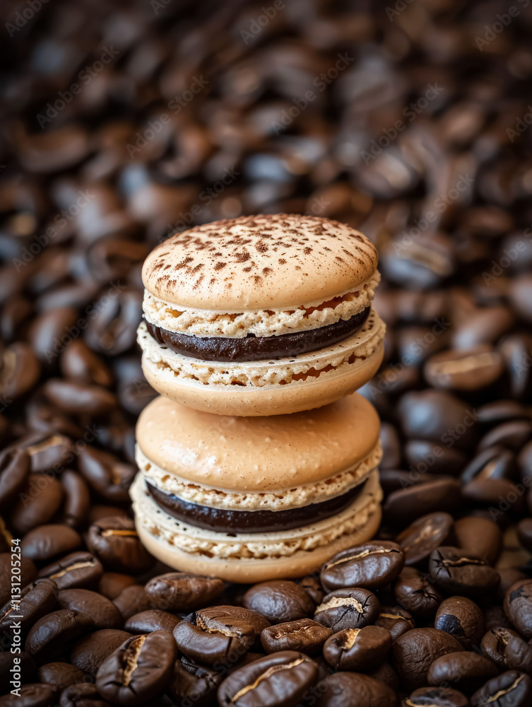 Poster three macarons stacked on top of each other with a pile of coffee beans in the background