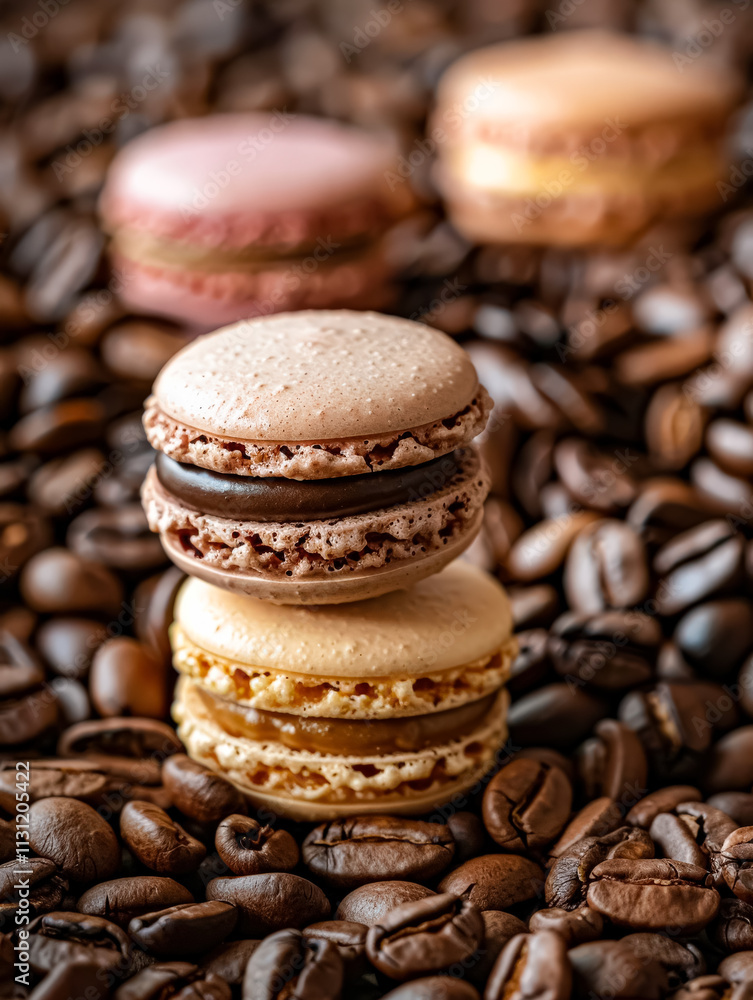 Poster three macarons stacked on top of each other with a pile of coffee beans in the background