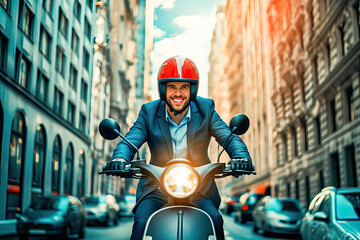 Funny businessman driving a motorbike through the city