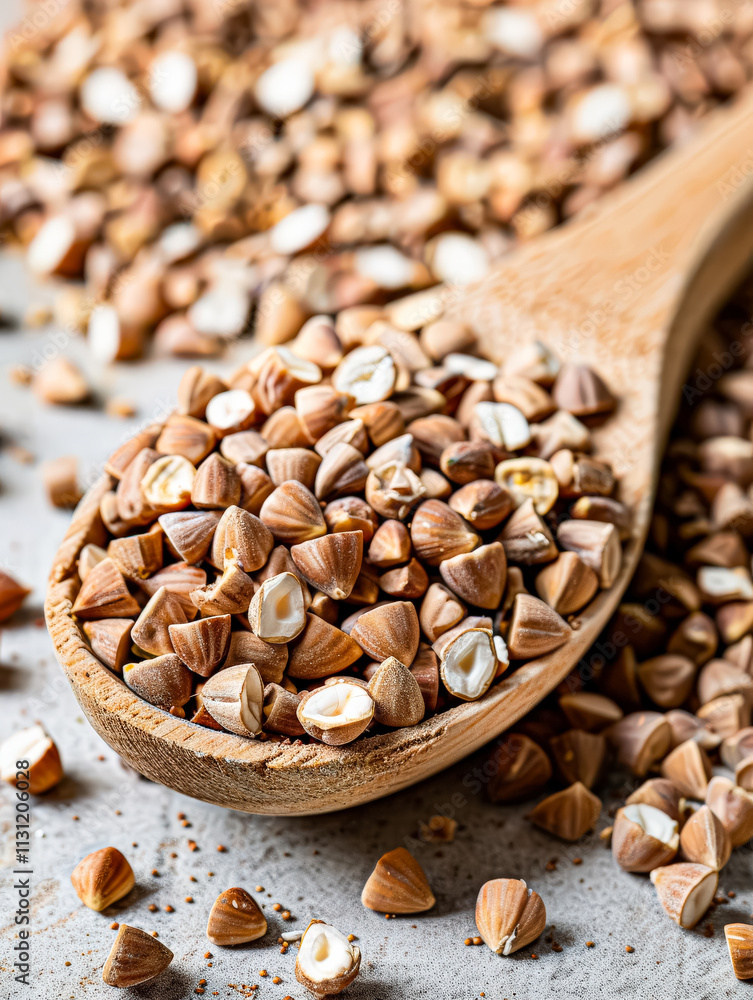 Poster spoonful of nuts is displayed on a table, with the spoonful containing a variety of nuts. the nuts a