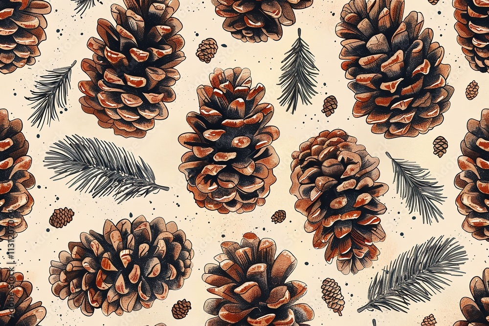 Poster an intricate image of a pine cone over a light setting seamless motif for a winter holiday embellish