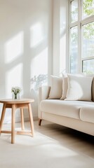 Fototapeta premium A bright and inviting living room with soft white furnishings, featuring a wooden circular side table and natural light streaming through large windows.