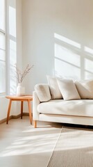 Fototapeta premium A modern living room adorned with a beige sofa setting, complemented by a wooden table and bathed in natural light, creating a welcoming and calm atmosphere.