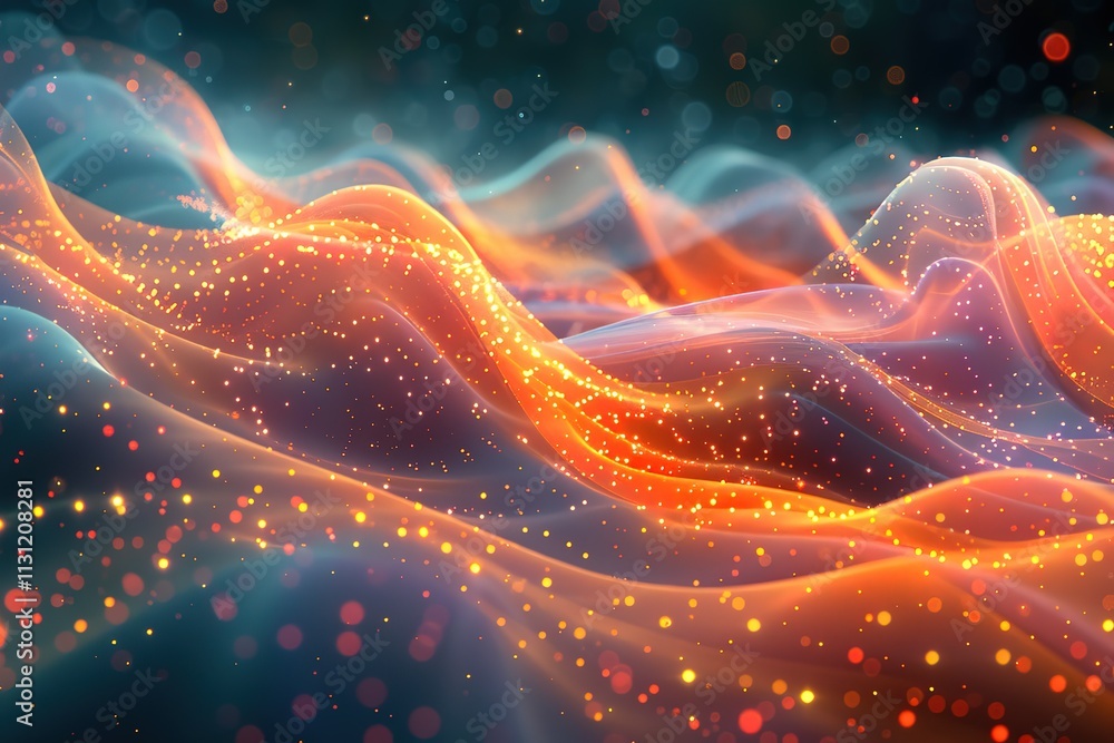 Poster abstract glowing orange waves with sparkling particles.