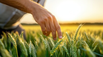 Naklejka premium A hand delicately grazing wheat stalks bathed in the warm glow of a sunset, symbolizing the connection between humans and nature during the harvest season.