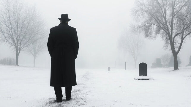 Lone figure in a dark overcoat navigating a misty, snowy graveyard, enveloped by gravestones and trees, conjuring a sense of solitude and grief - Powered by Adobe