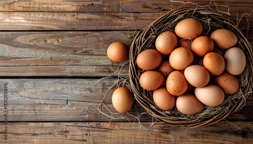 Poster basket of eggs sits on a wooden table. the basket is filled with eggs of various sizes and colors. t