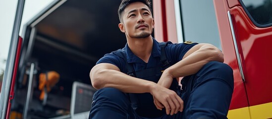 A firefighter sits thoughtfully by a fire truck, displaying a sense of duty and courage. The image captures both his strength and reflective nature beautifully.