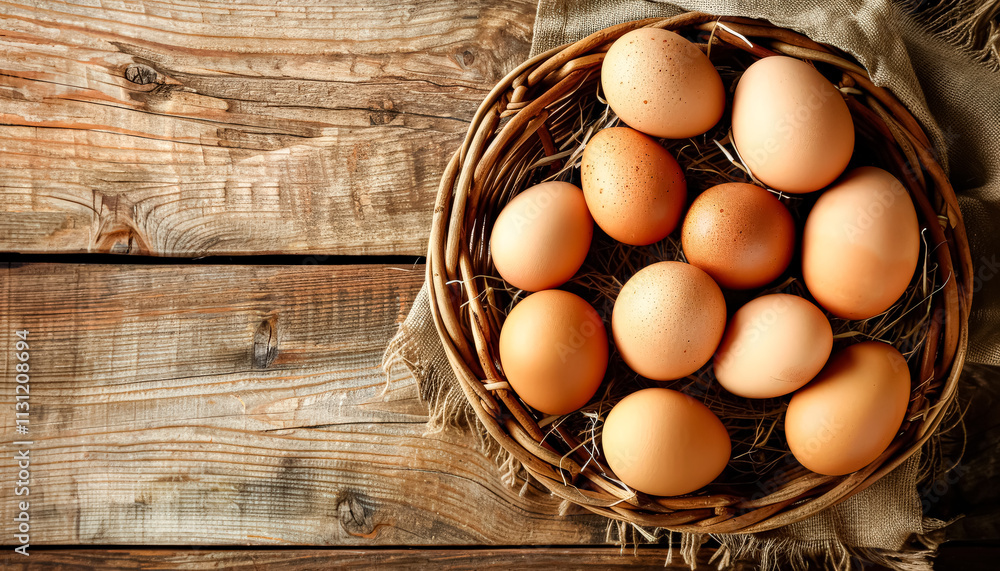 Poster basket of eggs sits on a wooden table. the basket is filled with eggs of various sizes and colors. t