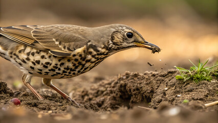 Close-up of song thrush feeding on earthworm in natural habitat.