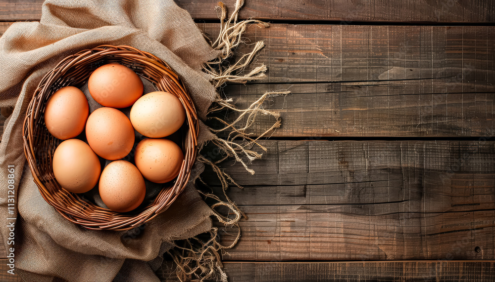 Aufkleber basket of eggs sits on a wooden table. the basket is filled with eggs of various sizes and colors. t