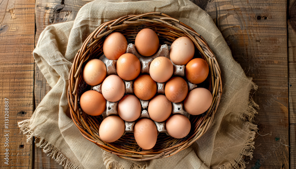 Poster basket of eggs is sitting on a wooden table. the basket is filled with eggs of various sizes and col