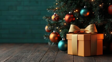 A beautifully wrapped gift box beneath a decorated Christmas tree, conveying festive spirit and holiday cheer.