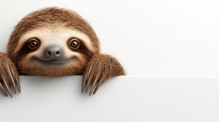 Fototapeta premium A cute sloth peeks over a white surface, showcasing its warm eyes and fuzzy fur, exuding a playful and friendly demeanor.