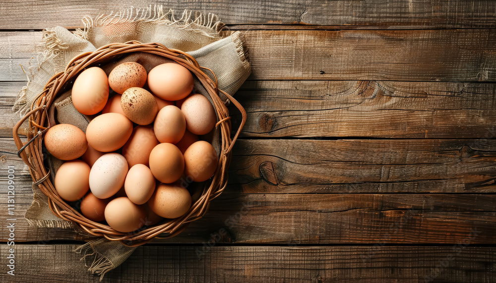 Poster basket of eggs sits on a wooden table. the basket is filled with eggs of various sizes and colors. t