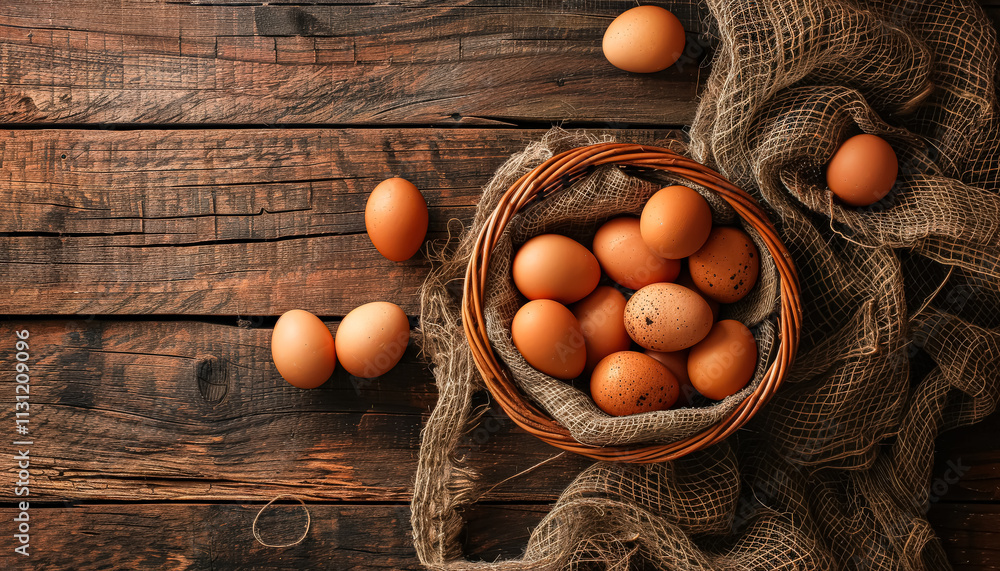 Poster basket of eggs sits on a wooden table. the basket is filled with eggs of various sizes and colors. t