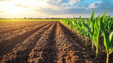 The scene depicts young corn sprouts arranged in a long row, basking in the soft glow of the setting sun, symbolizing the promise of a bountiful harvest.