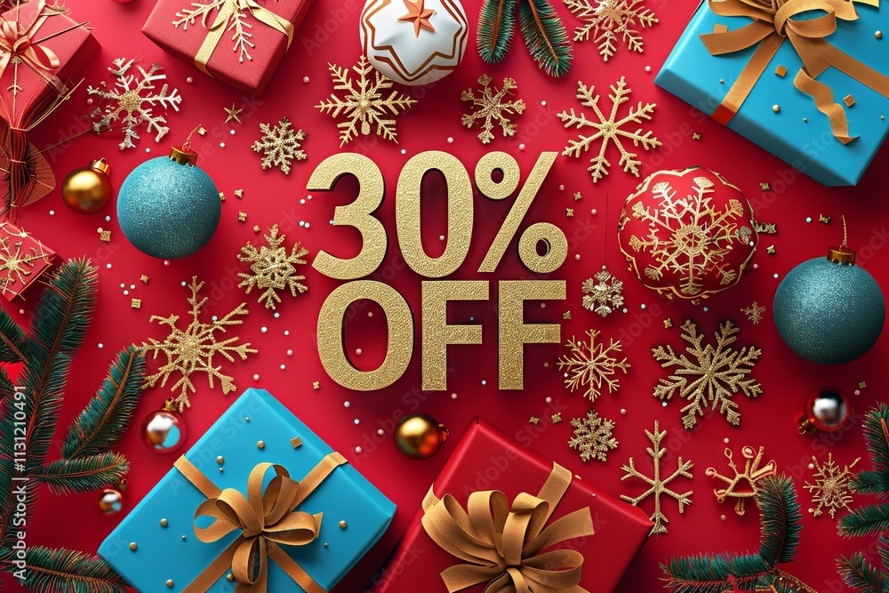Poster festive shopping is occurring in this 3d winter scene consisting of snowflakes and presents over red